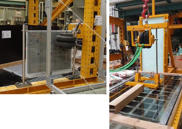 Fig. 6 and Fig. 7: Pendulum impact test (left) and test for accessible glazing.