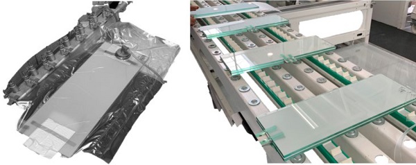 Figure 6. Laminated fitting specimen during deairing in vacuum bag lamination process (left) and specimens produced with fitting on either long or short edge (right)