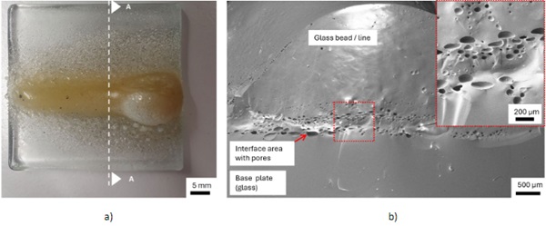 Fig. 6: Sample V6.1 out of soda-lime silicate glass: a) Top view; b) SEM (20kV) image of section A-A of Figure 6 a).