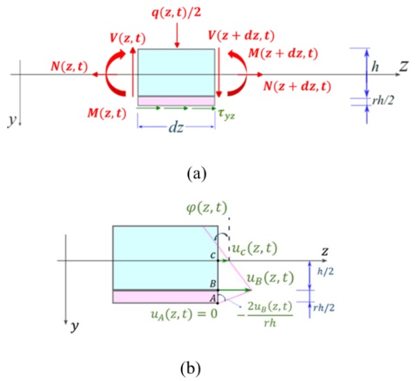 Fig. 6: (a) Free body diagram of a segment of the upper half of the beam, comprising of the extrados ply and half of the thickness of the interlayer. (b) Rotation and axial displacements of representative points of the cross section of the beam.