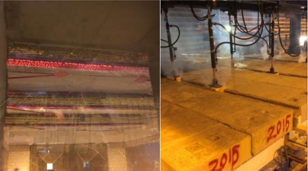 Fig. 7:Photos during the test. Left: The furnace after a few minutes of testing. The lower flanges glowing red are clearly visible. Beam A is closest followed by beam B and C. Right: Photo on the top of the furnace after 9 minutes of testing. In the lower right corner, the unexposed part of beam A is visible