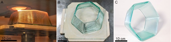 Fig. 7:   Hexagon form printed on Optifloat float glass A) Molten Printing B) After Anneal C) After cold processing.