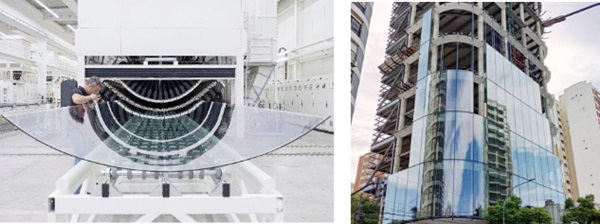 Fig. 7: Glass pane after thermal bending process (left) and result of a thermal bent glazing at a building in Buenos Aires, Argentina (right) © sedak.