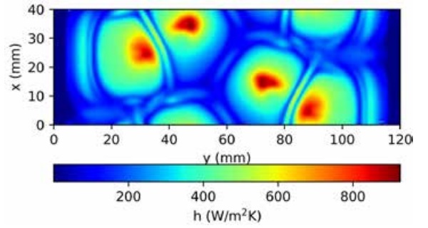 Figure 7. Distribution of heat transfer coefficient in section A-A of Fig. 6.