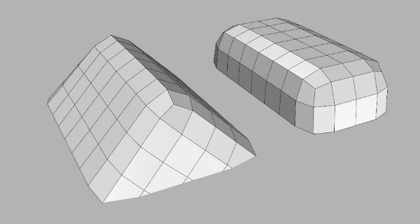 Fig.7 Topology with 2 singularities (‘roof’) resp. 4 singularities (‘box’). Two singularities has the added side-effect of rotating the grid orientation by 45 degrees.