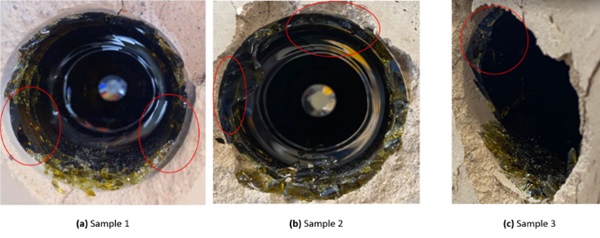 Fig.  8: Images of failure around the heel of the bottle, clean cuts circled in red.