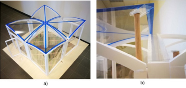 Figure 8 a) Reduced-scale model in the reference configuration and b) dovetail connection between plate and vertical rod