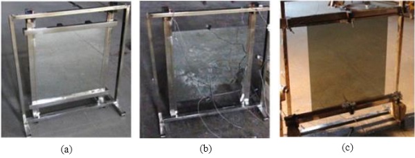 Fig. 8 The test setup for (a) case 1: exposed frame, (b) case 2: horizontal-hidden frame, (c) case 3: vertical-hidden frame (Wang 2019).