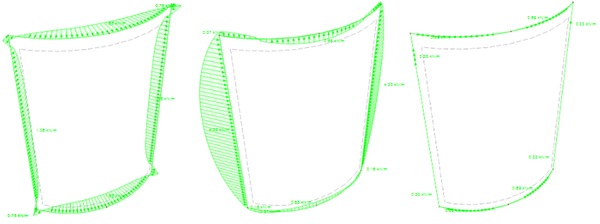 Fig. 9: Specimen 2.1. Out-of  -plane line forces pz (left). In-plane line forces py (centre). In-plane line forces px (right).