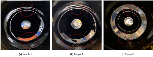 Fig.  9: Images of failure along the height of the bottle on the inside.