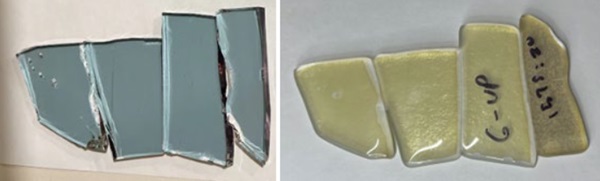 Fig. 9: Low-E   coated cullet before (left) and after (right) the re-melting process.