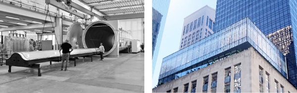 Fig. 9: Glass pane after gravity bending (left) and result of gravity bent glazing at Tiffany & Co. The Landmark flagship store in New York (right) © sedak.