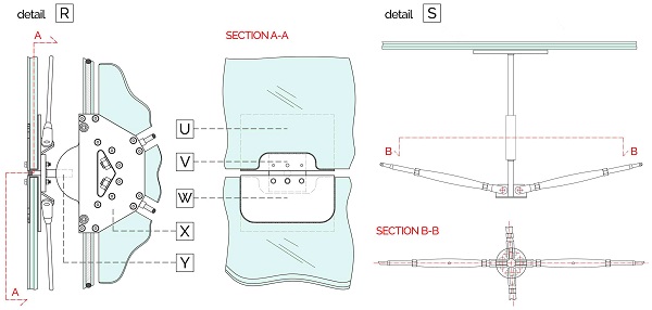 Figure 9. Details of the bracing panels: U—Glass panel with rounded recesses; V—steel plate (compression only contact with the glass); W—outer steel clamping; X—TVTγ-bis node; Y—steel pole.