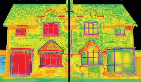 Thermal image of a home before and after being re glazed with Low-E Heat retaining Double Glazing