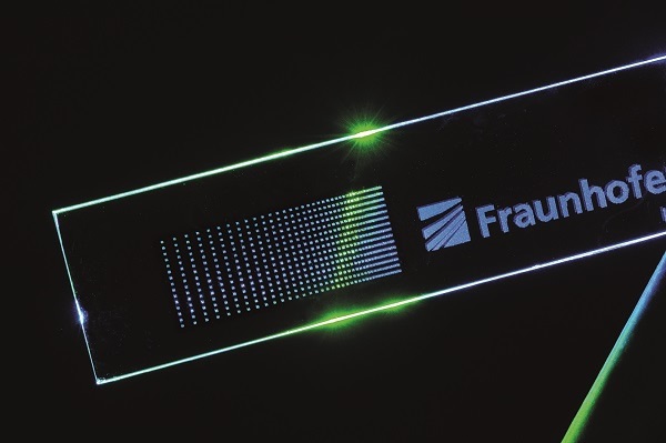 © Fraunhofer ILT, Aachen, Germany. With the specially shaped laser beams, glass is marked in the volume or on the surface and cut out.