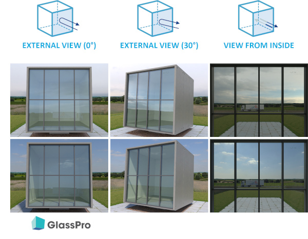 COOL-LITE® SKN 175 physico-realistic rendering made with Glasspro rendering service of Saint-Gobain Glass in external reflection at 0° and in angle (30°) and in transmission by cloudy (top) and sunny weather (bottom).   Standard configuration 6/16/4mm with coating on face #2, all panes PLANICLEAR®. All rendering presented here are for illustration purpose only. Displayed colors are intended to represent actual color but may change according to the screen. 
