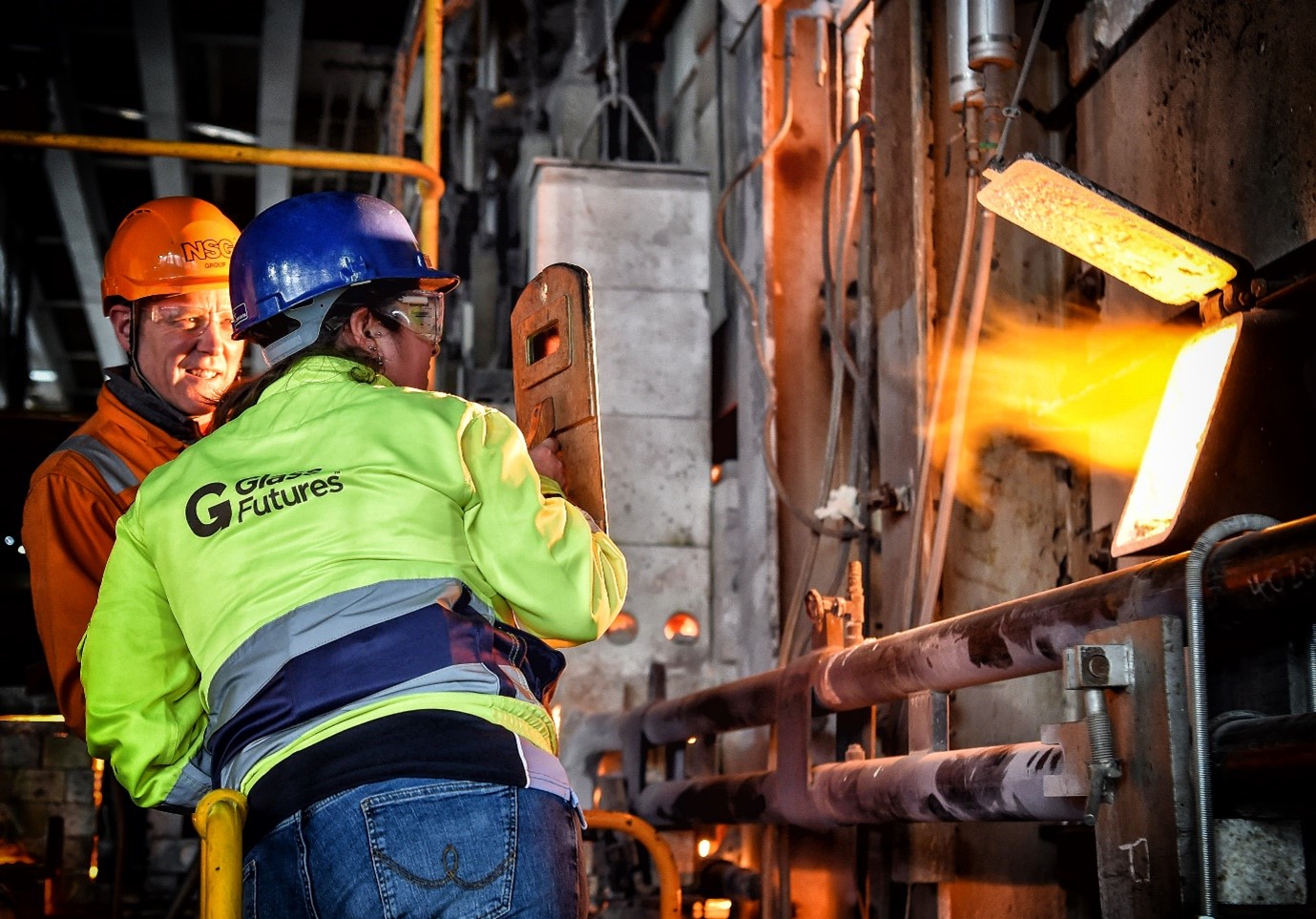 Image by Bernard Platt, taken during an industrial scale trial of biofuels at Pilkington UK (NSG Group) in 2022 that showed carbon savings of circa 70-80% of CO2 vs. natural gas, proving the technical feasibility to decarbonise glass manufacturing.