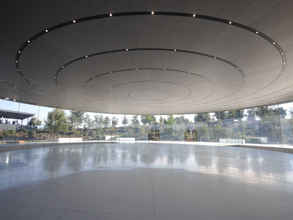 The Steve Jobs Theatre at the Apple Campus in Cupertino, California, designed by Foster+Partners.