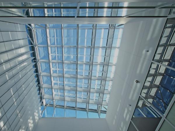 	The skylight as viewed from ground floor. The prism louvres appear to be shiny.