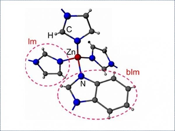 The structure of ZIF-62, ( zinc imidazolate,benzimidazolate) showing the tetrahedral structure in two dimensions.  Image: Ang Qiao / Penn State