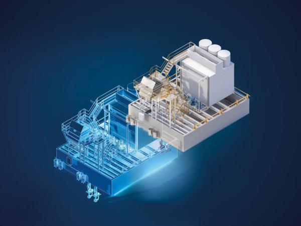 A digital twin allows cullet water systems, for example, to be commissioned virtually, operators to be trained comprehensively prior to real operation and automation solutions to be extensively tested on the basis of Simatic PCS 7.